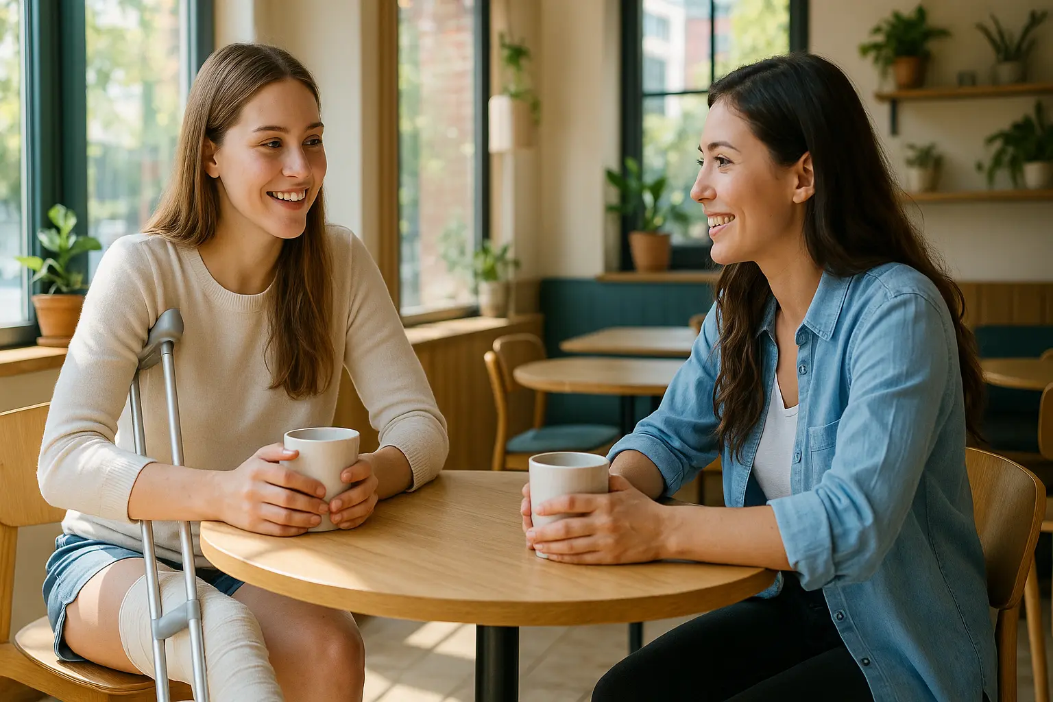 ma-mutuelle-cafe-femme Femme en béquille au café