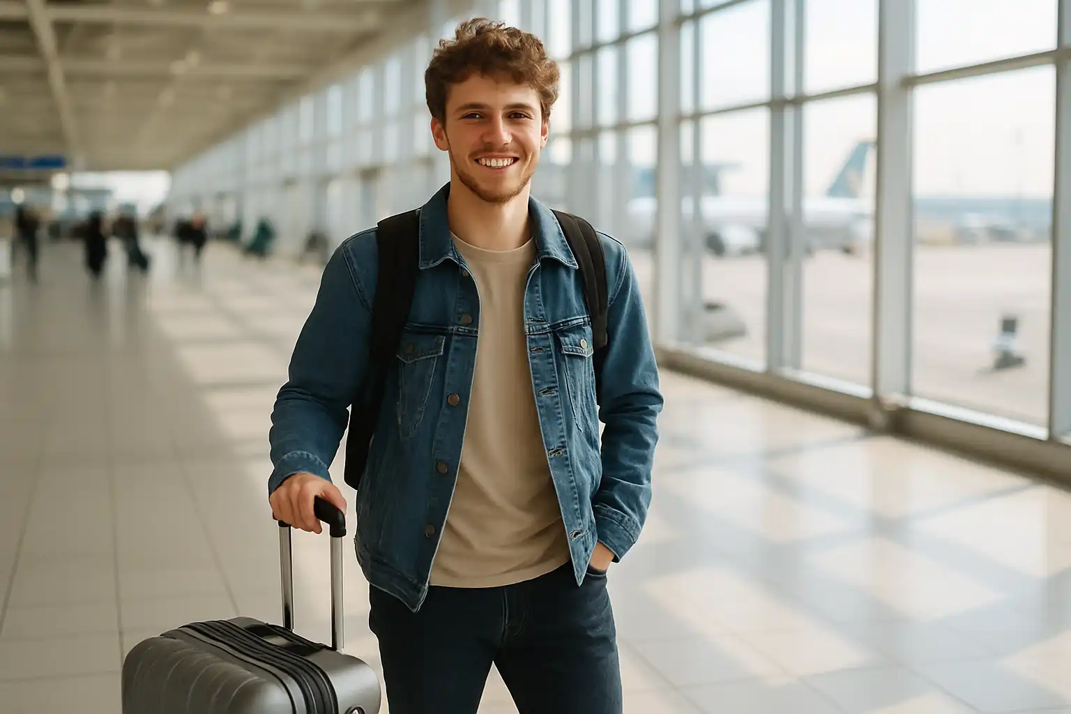 ma-mutuelle-mutuelle-etudiante-internationale étudiant avec valise à l’aéroport