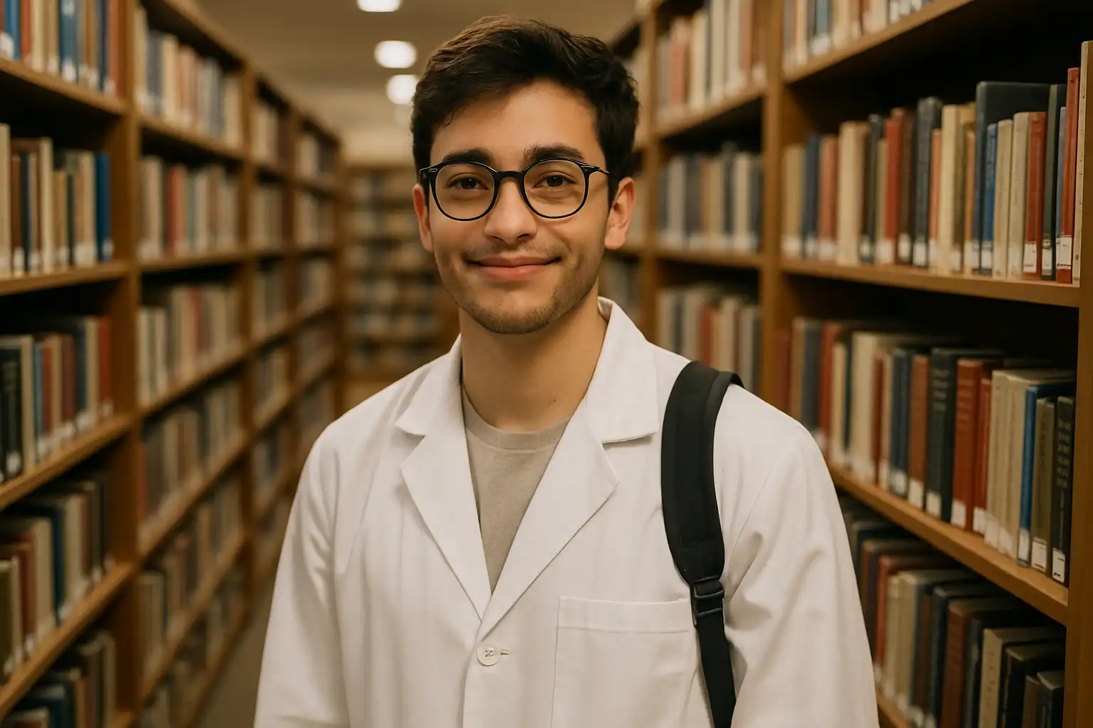 étudiant en blouse blanche dans une bibliothèque