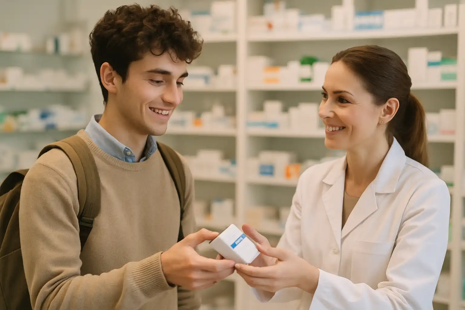 étudiant achetant des médicaments en pharmacie