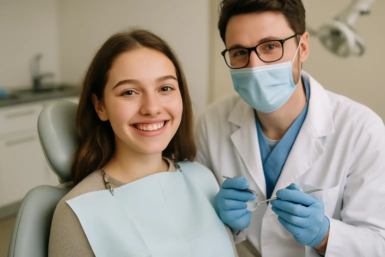 étudiante souriante chez le dentiste