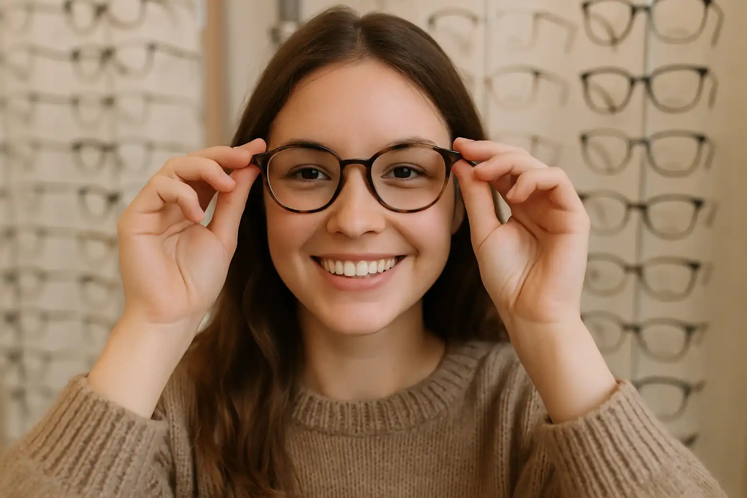 étudiante essayant des montures de lunettes