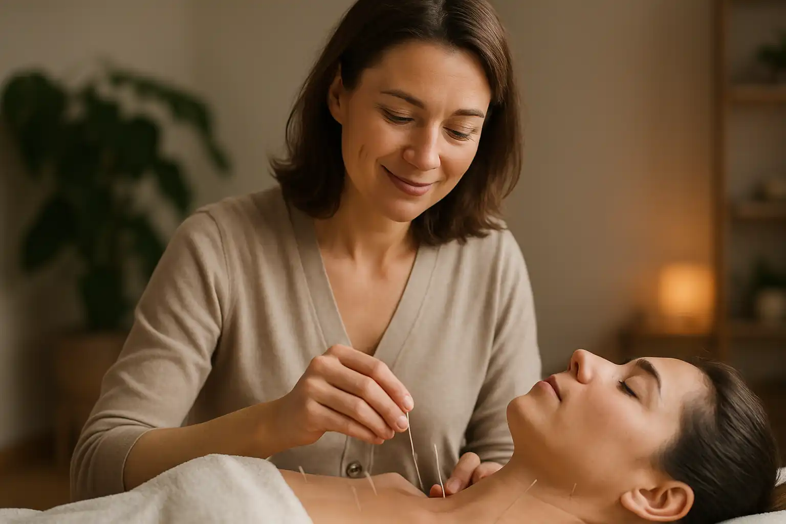 thérapeute pratiquant une séance d’acupuncture
