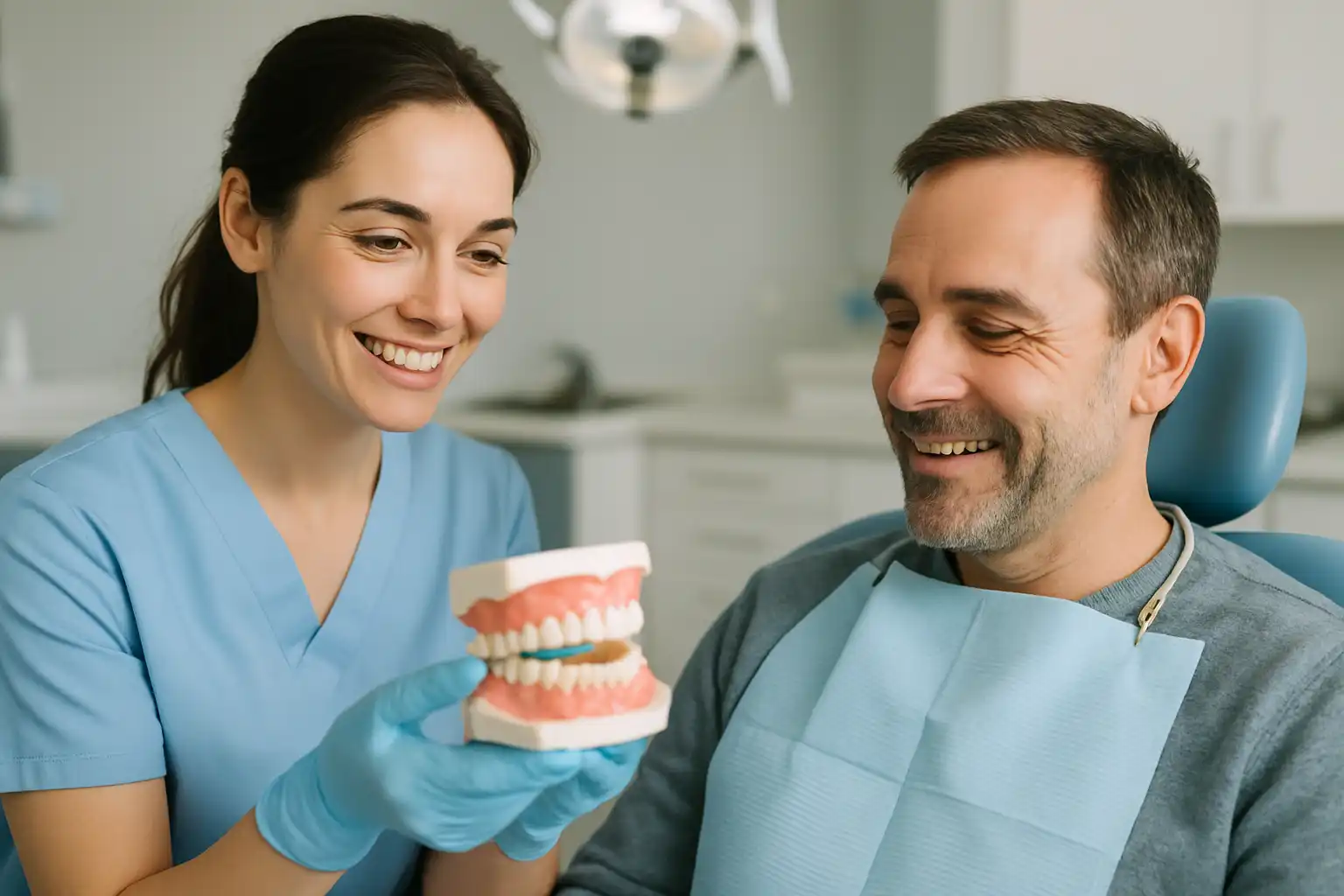 dentiste présentant une prothèse à un patient