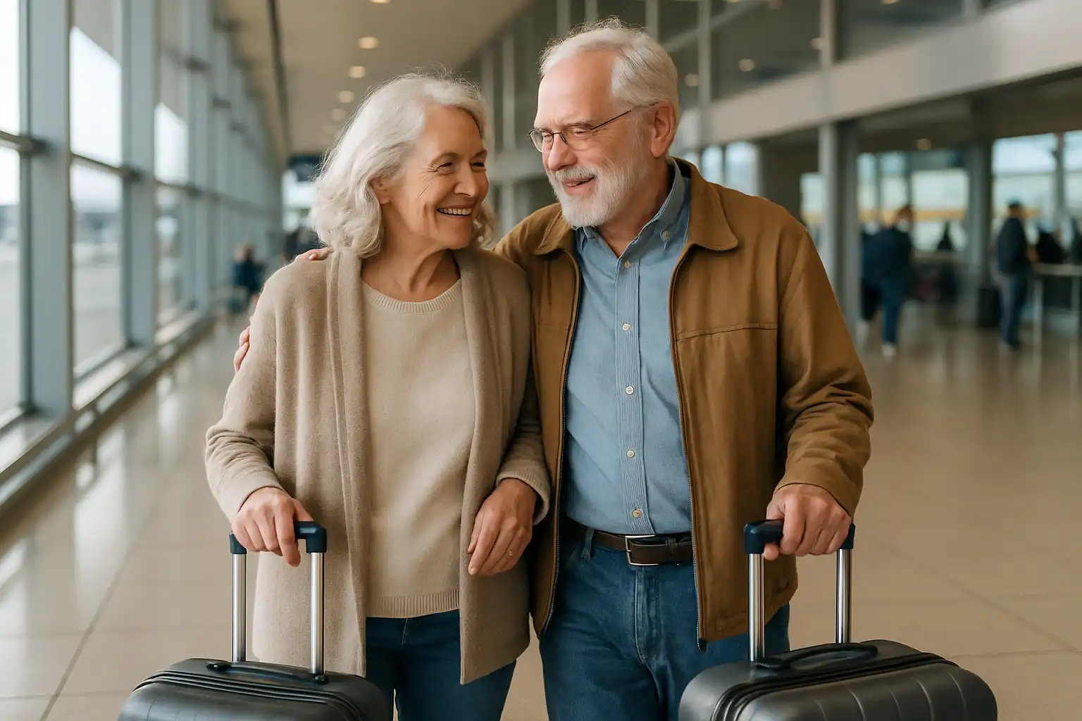 couple senior avec valises à l’aéroport