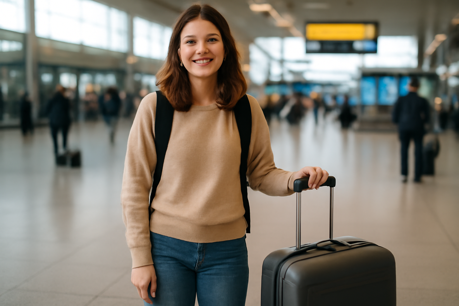 ma-mutuelle-mutuelle-etudiante-erasmus étudiante avec une valise à l’aéroport