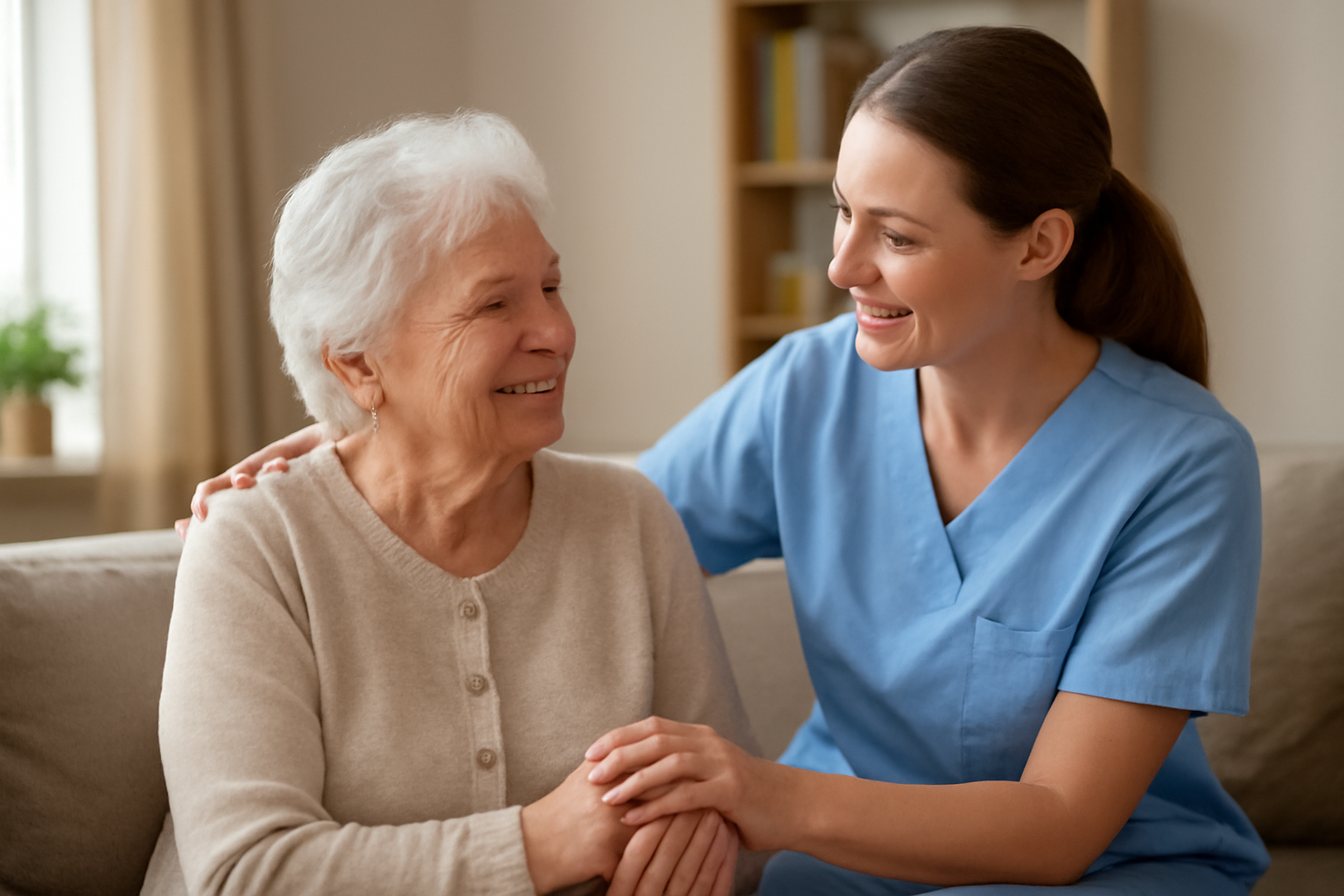 soignante aidant une personne âgée chez elle