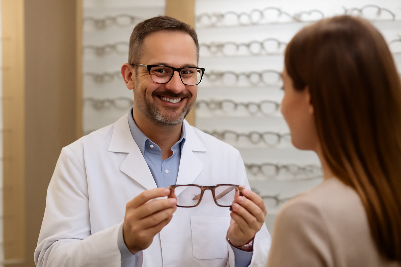 opticien présentant des verres progressifs