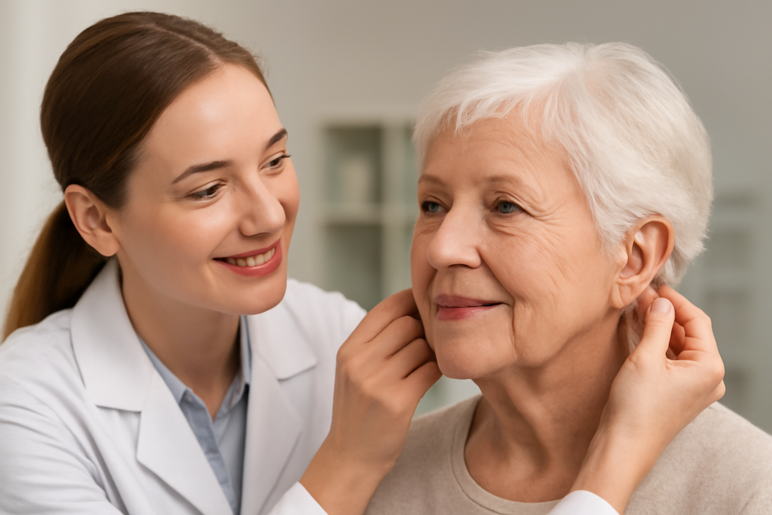 audioprothésiste ajustant un appareil auditif