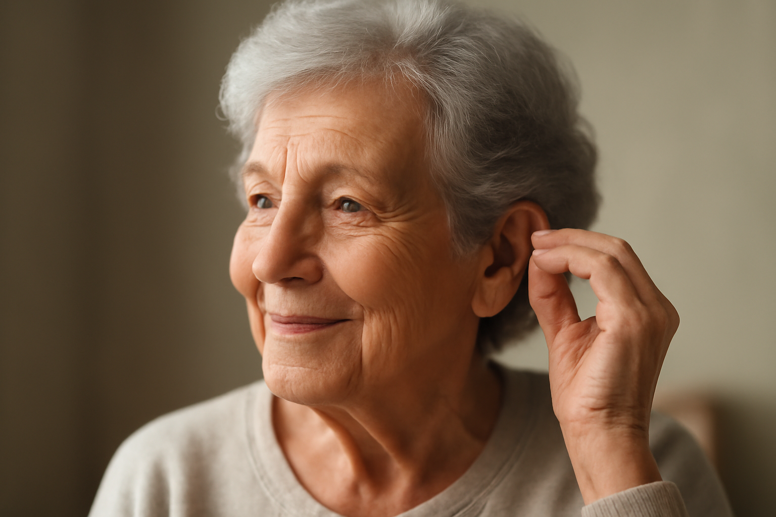femme âgée ajustant son appareil auditif