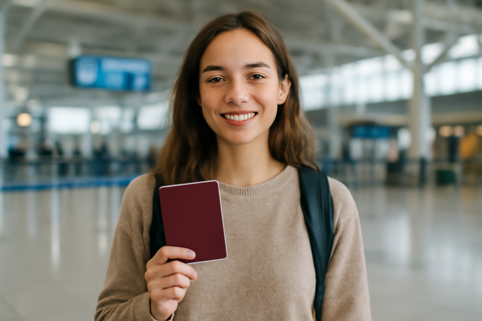 étudiante à l’aéroport avec passeport