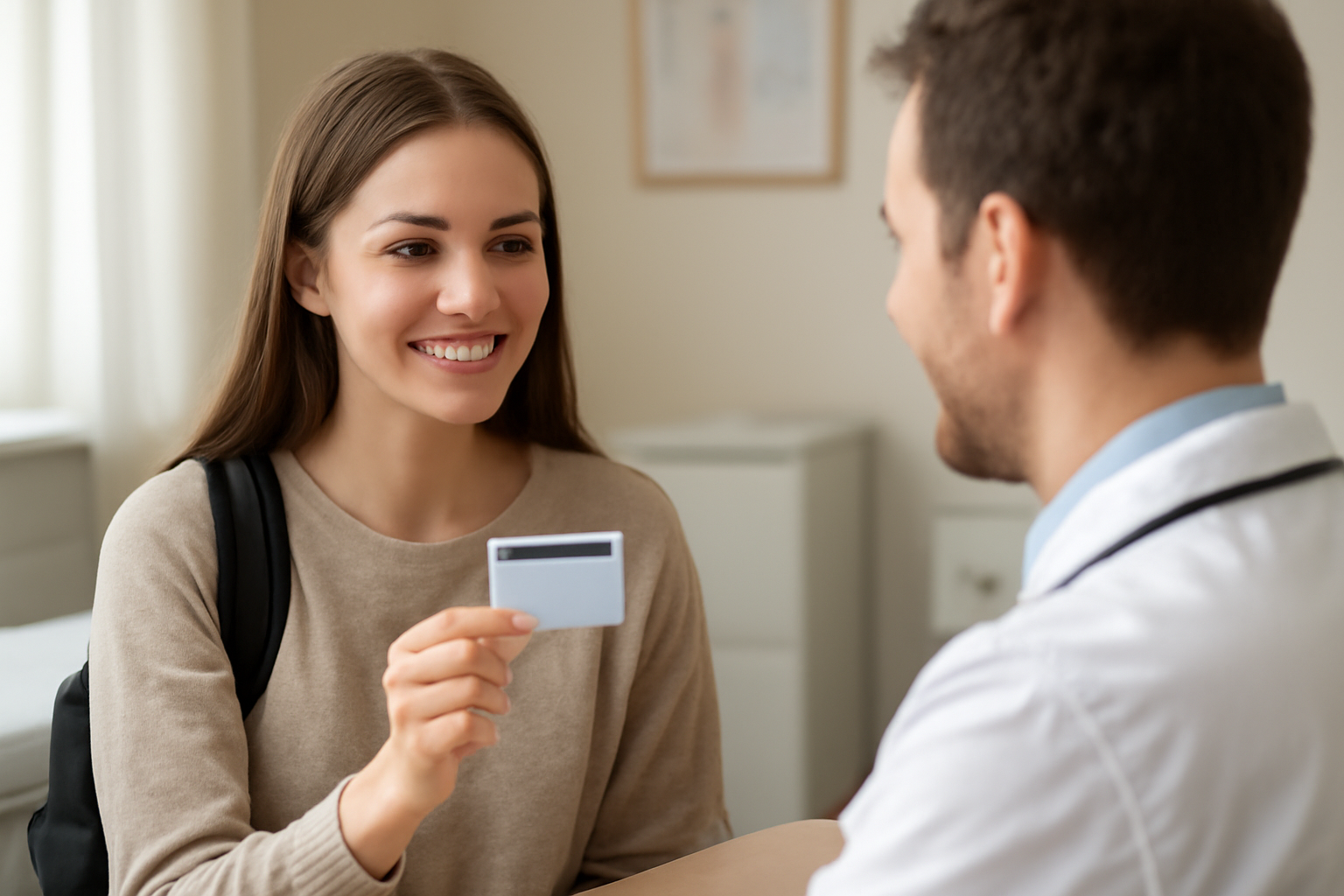 étudiante montrant sa carte mutuelle chez le médecin