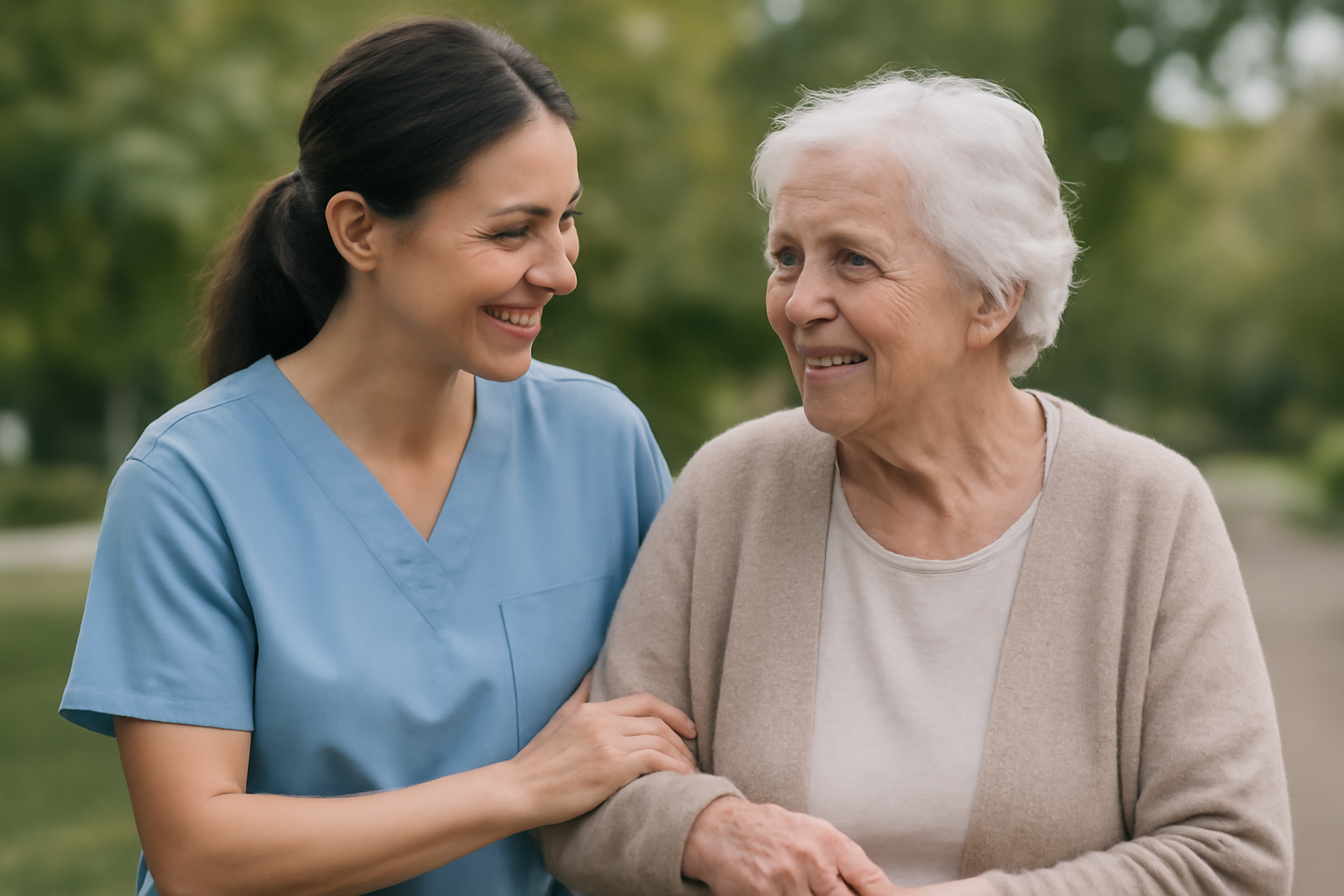 aide-soignante accompagnant une personne âgée