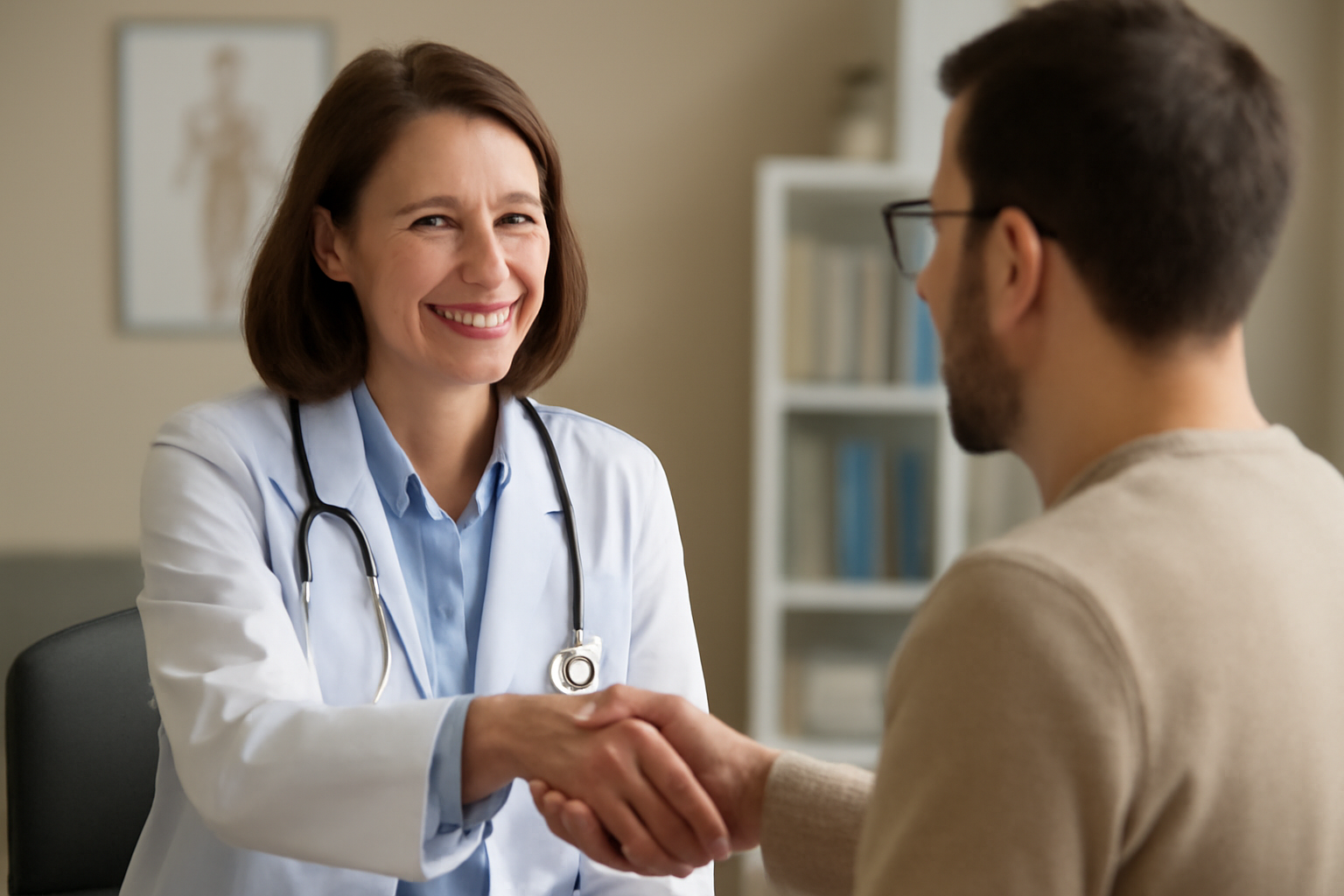 médecin spécialiste accueillant un patient